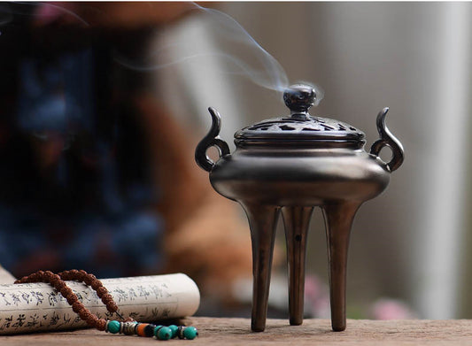 ArtisanoCelestial Cloud Incense Burner — Tripod Censer with Silver Glaze & Twin Handles | Oriental Ritual Aesthetics